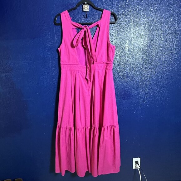 Lulus Blissful Afternoon Hot Pink Linen Tie-Back Midi Dress L Summer Lined - Picture 7 of 13